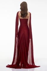 Shifra Burgundy Asymmetrical Cape Maxi Dress