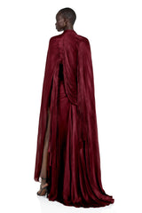 Shifra Burgundy Asymmetrical Cape Maxi Dress