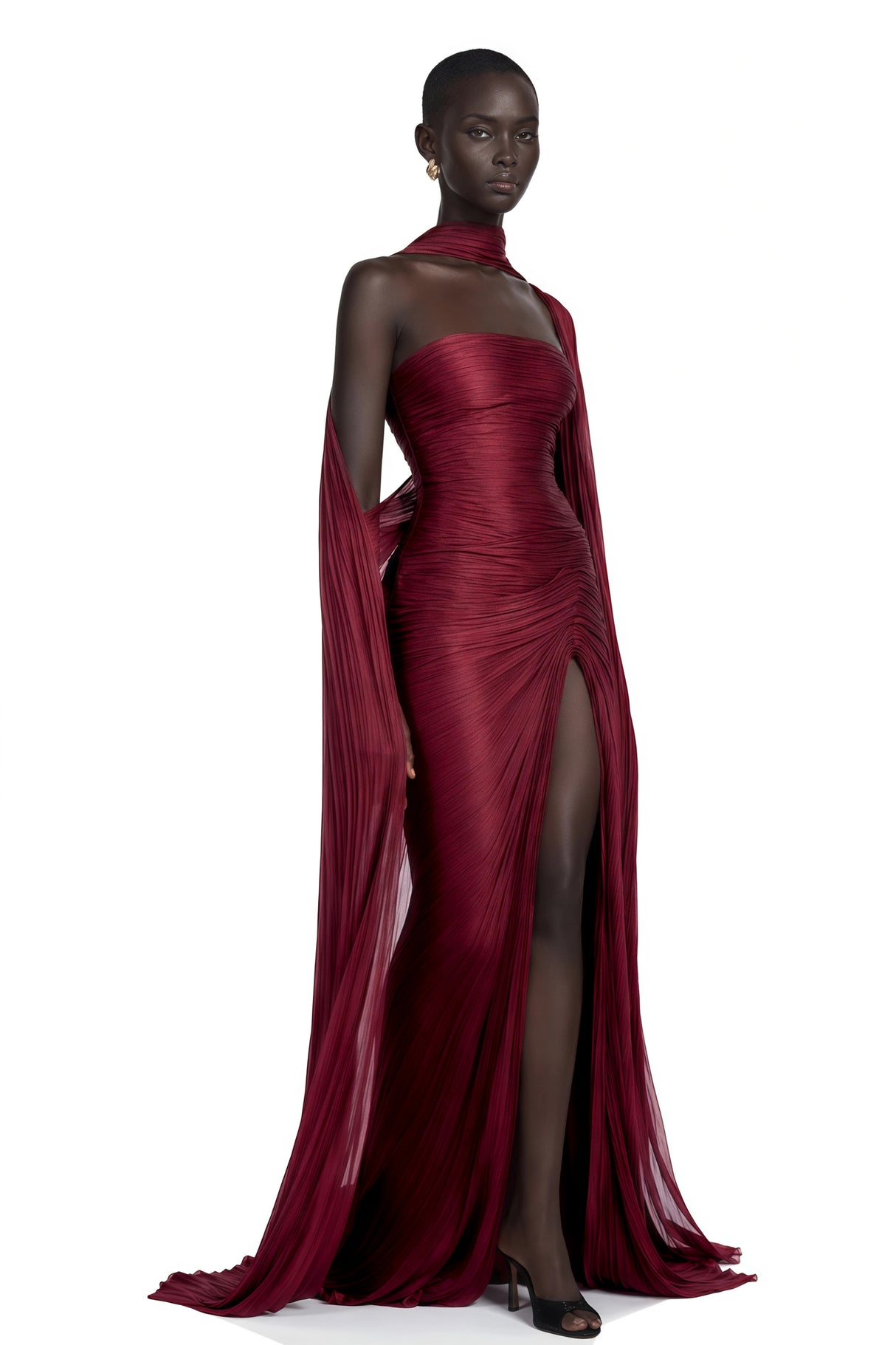 Shifra Burgundy Asymmetrical Cape Maxi Dress