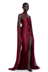 Shifra Burgundy Asymmetrical Cape Maxi Dress