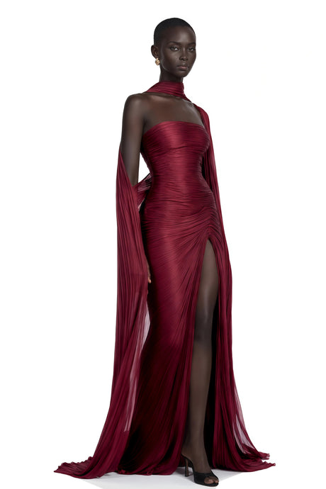 Josephine Maxi Dress Burgundy Asymmetrical Cape