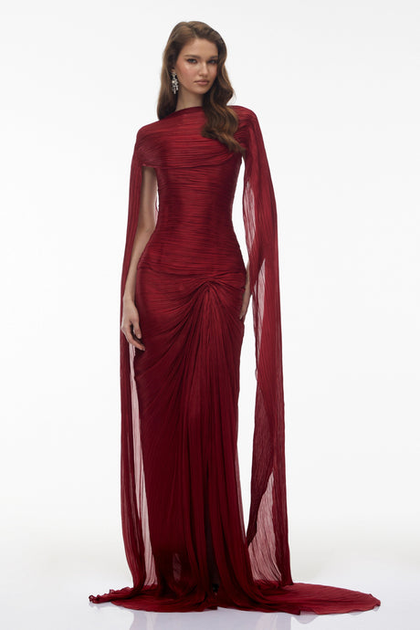 Caitlyn Maxi Dress Burgundy Asymmetrical Cape