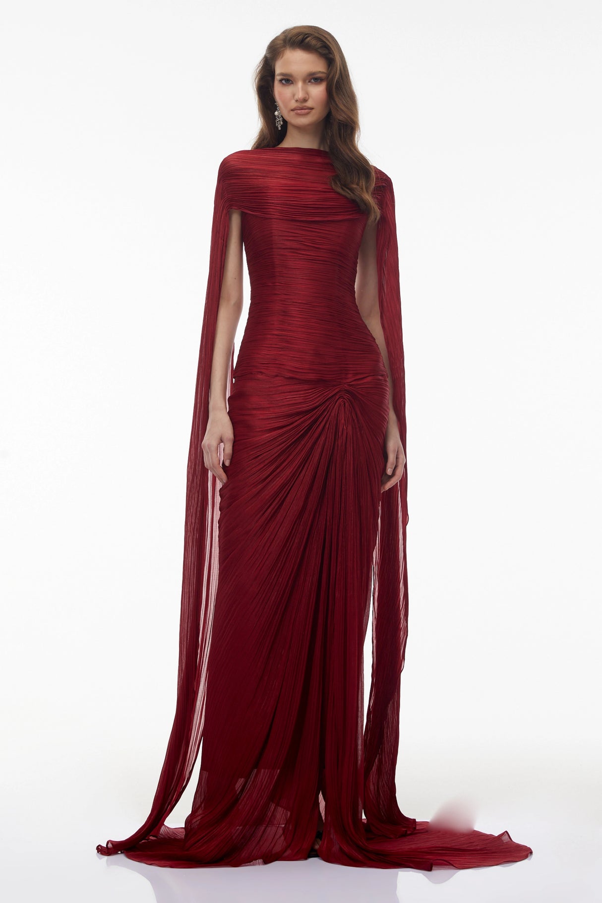 Shifra Burgundy Asymmetrical Cape Maxi Dress