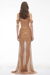Shifra Gold Embellished Ruched Maxi Dress