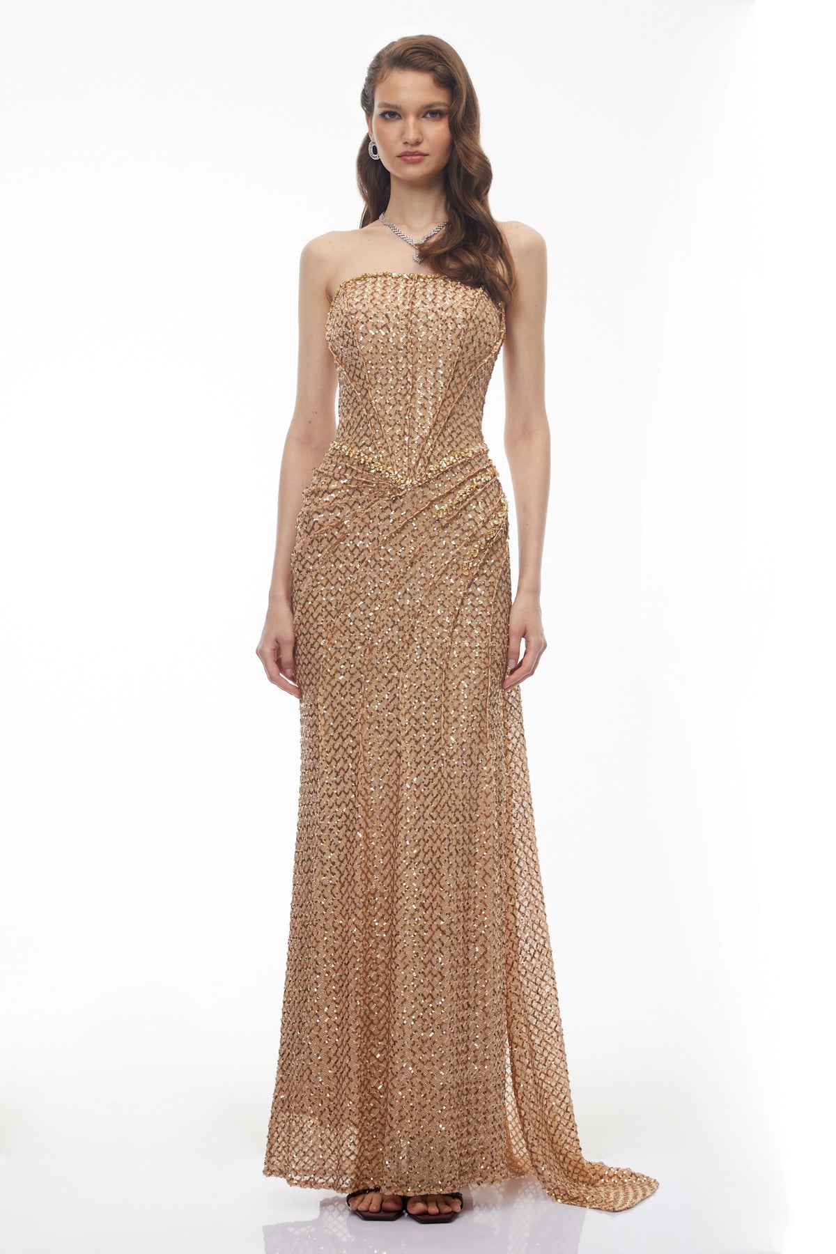 Shifra Gold Embellished Ruched Maxi Dress