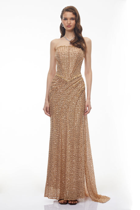 Bonnie Maxi Dress Gold Embellished Ruched