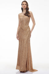 Shifra Gold Embellished Ruched Maxi Dress