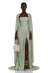 Shifra Green Asymmetrical Cape Maxi Dress