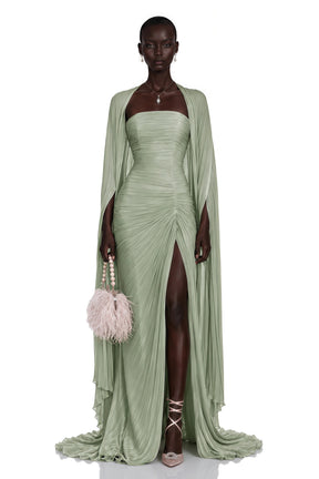 Shifra Green Asymmetrical Cape Maxi Dress