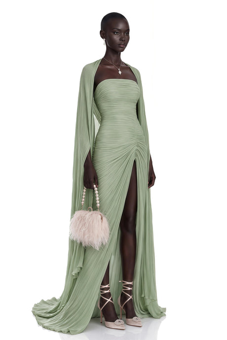 Valentina Maxi Dress Green Asymmetrical Cape