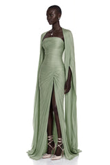 Shifra Green Asymmetrical Cape Maxi Dress
