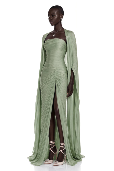 Valentina Maxi Dress Green Asymmetrical Cape