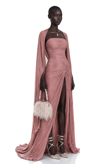Silvia Maxi Dress Pink Asymmetrical Cape