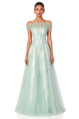 Siddiqa Green Print Tulle Pleated Maxi Dress