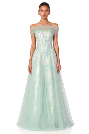 Siddiqa Green Print Tulle Pleated Maxi Dress