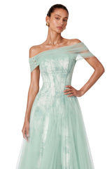 Siddiqa Green Print Tulle Pleated Maxi Dress