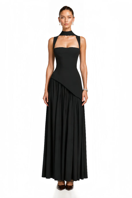 Roberta Black Asymmetrical Maxi Gown
