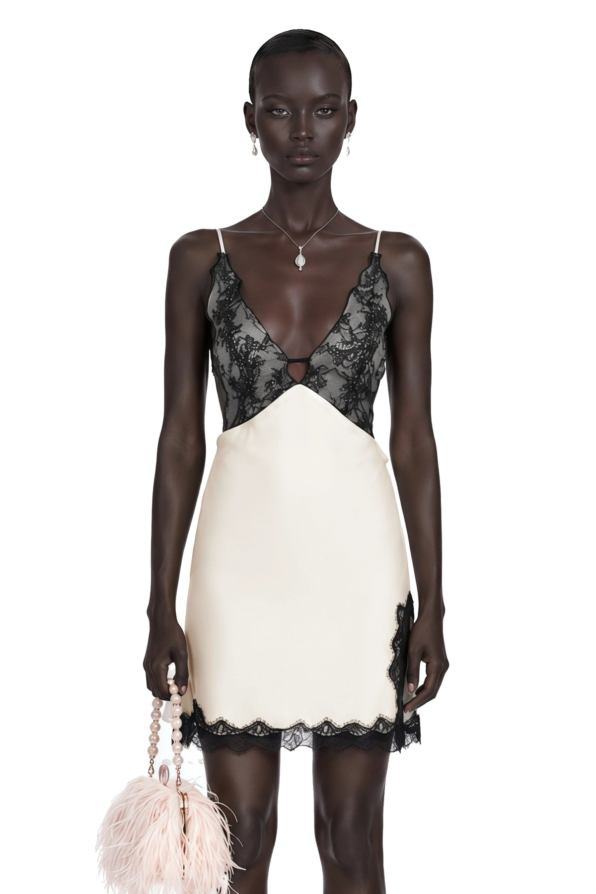 Sidonie Khaki VNeck Lace Satin Mini Dress