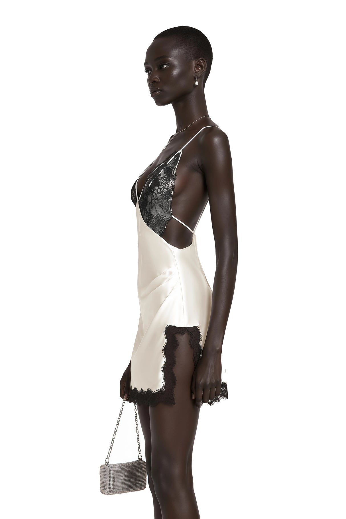 Sidonie Khaki VNeck Lace Satin Mini Dress