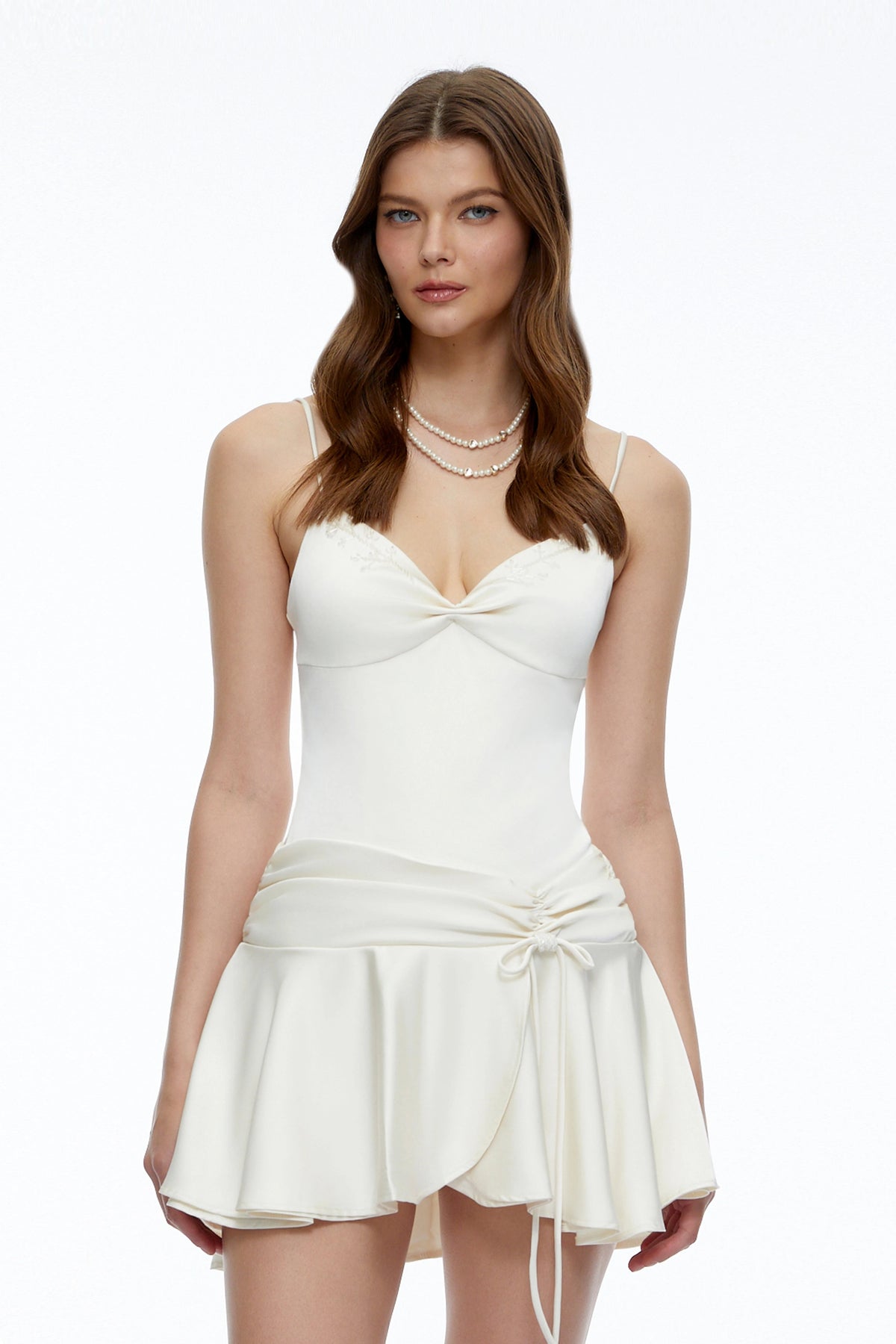 Sidonie Neutral Satin Mini Dress with Floral Embroidery
