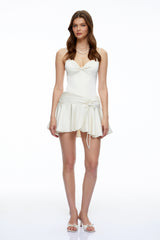 Sidonie Neutral Satin Mini Dress with Floral Embroidery