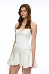 Sidonie Neutral Satin Mini Dress with Floral Embroidery