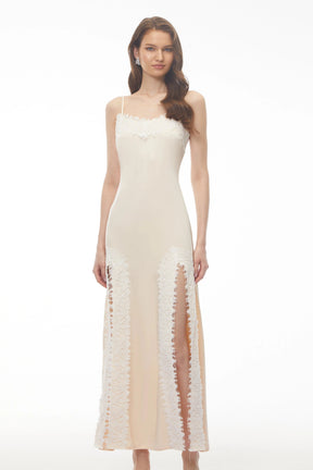 Sienna Neutral Satin Maxi Dress with High Slit