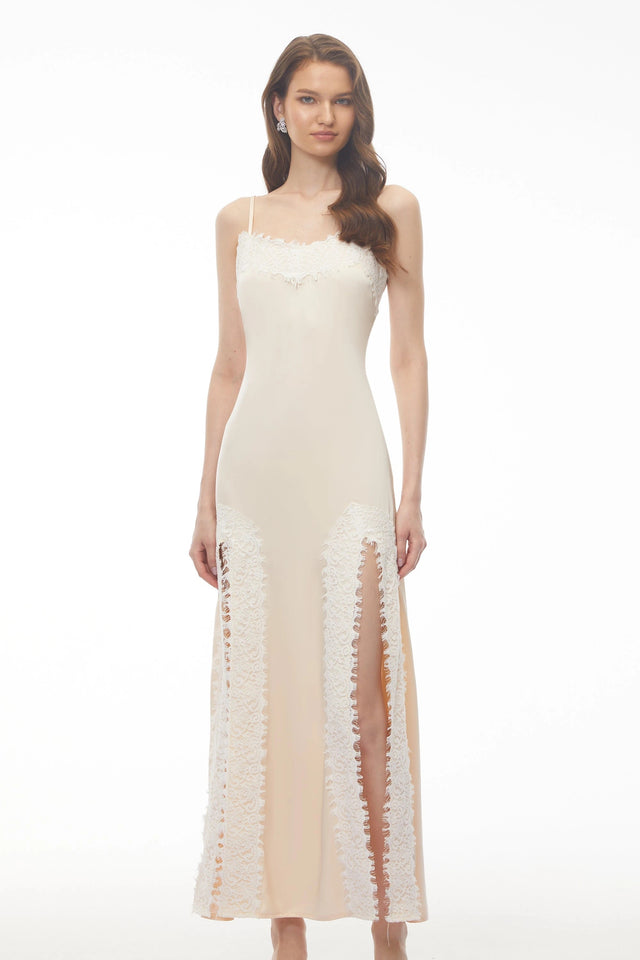 Sienna Neutral Satin Maxi Dress with High Slit