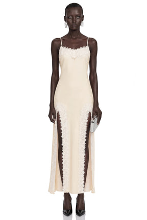 Sienna Neutral Satin Maxi Dress with High Slit