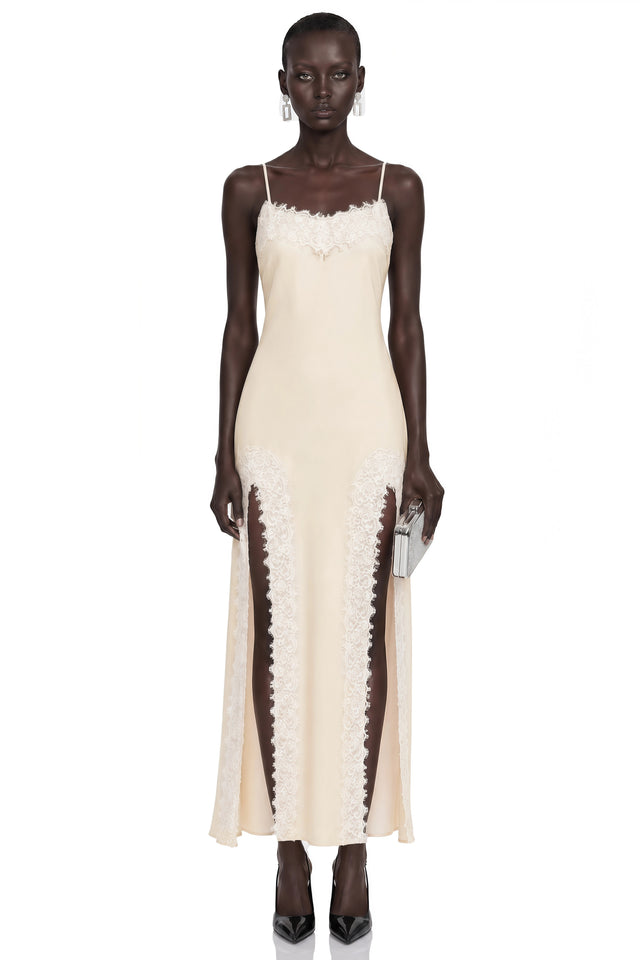Sienna Neutral Satin Maxi Dress with High Slit