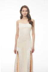 Sienna Neutral Satin Maxi Dress with High Slit