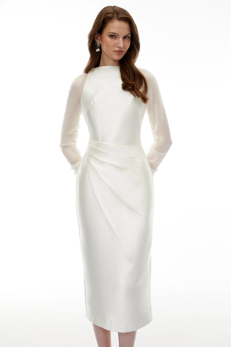 Kimora Midi Dress White Satin with Chiffon Panels