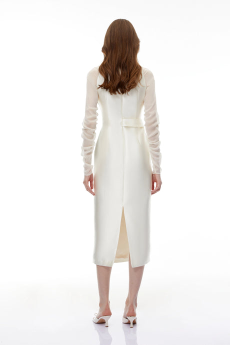 Kimora Midi Dress White Satin with Chiffon Panels