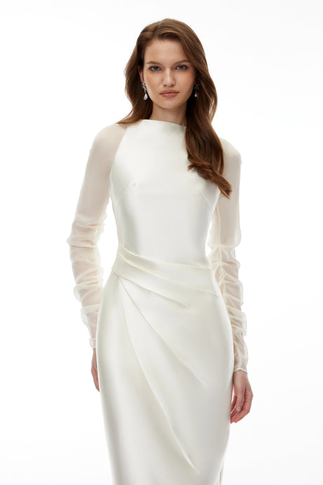 Kimora Midi Dress White Satin with Chiffon Panels