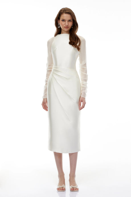 Kimora Midi Dress White Satin with Chiffon Panels