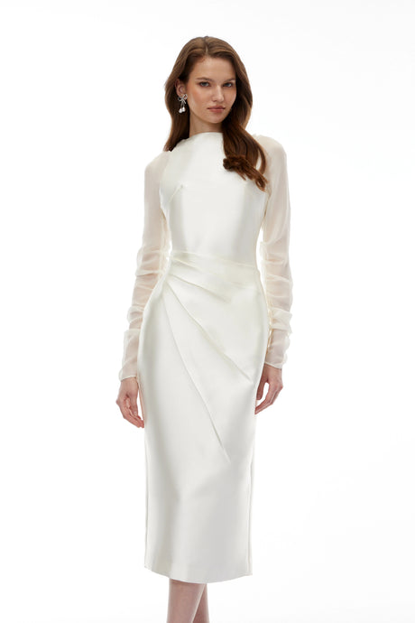Kimora Midi Dress White Satin with Chiffon Panels
