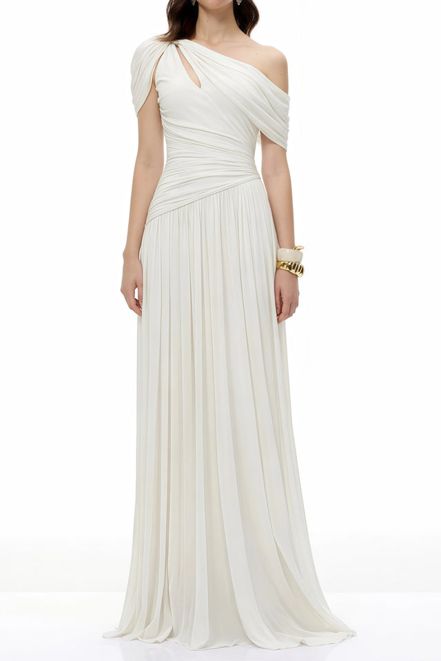 Sigrun White Asymmetrical Gathered Maxi Dress