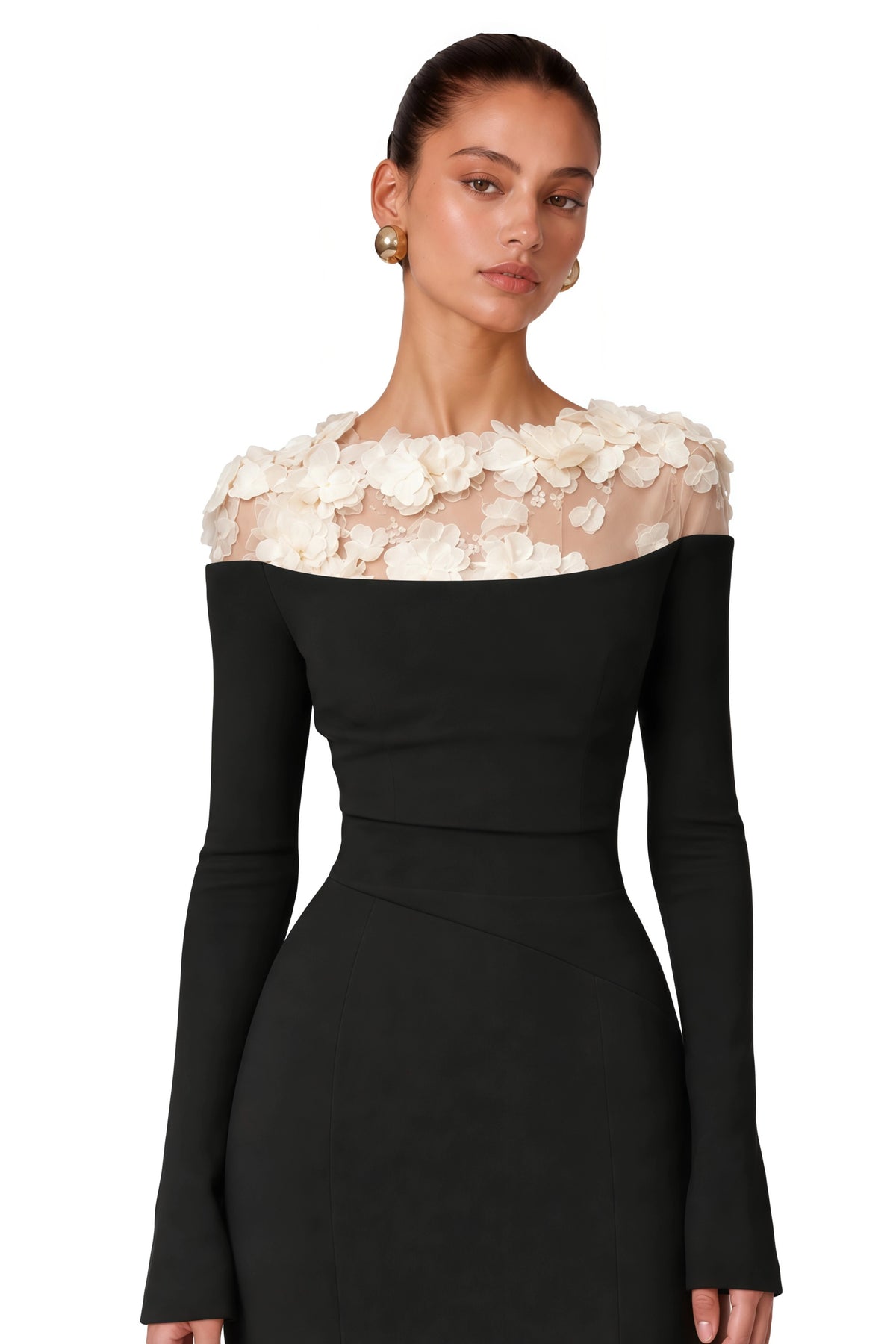 Silvia Black Floral Appliqué OffShoulder Gown