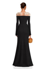 Silvia Black Floral Appliqué OffShoulder Gown