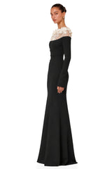 Silvia Black Floral Appliqué OffShoulder Gown