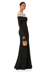Silvia Black Floral Appliqué OffShoulder Gown
