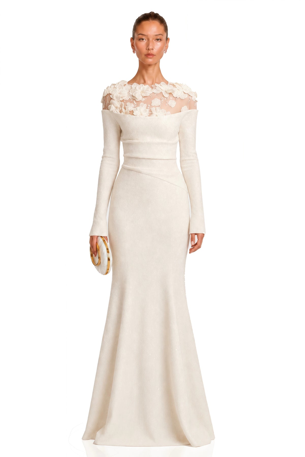 Silvia White Floral Appliqué OffShoulder Gown