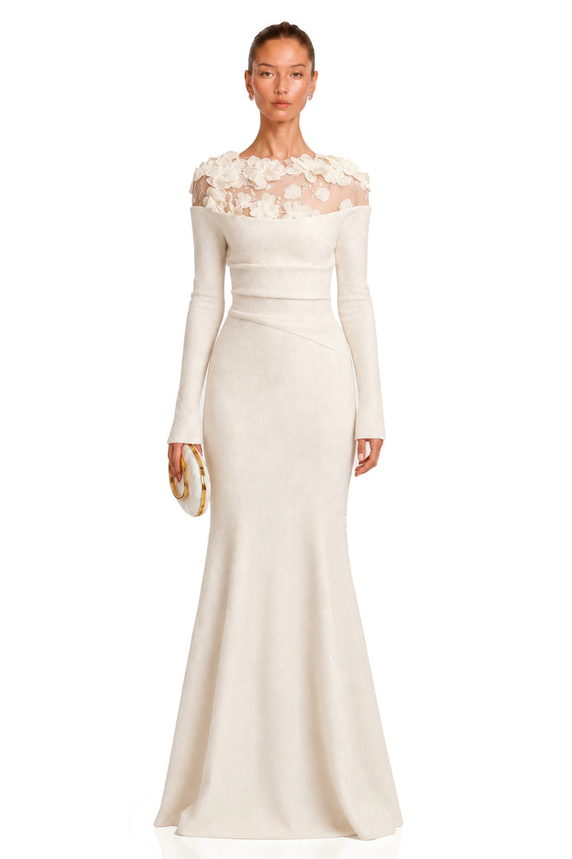 Silvia White Floral Appliqué OffShoulder Gown
