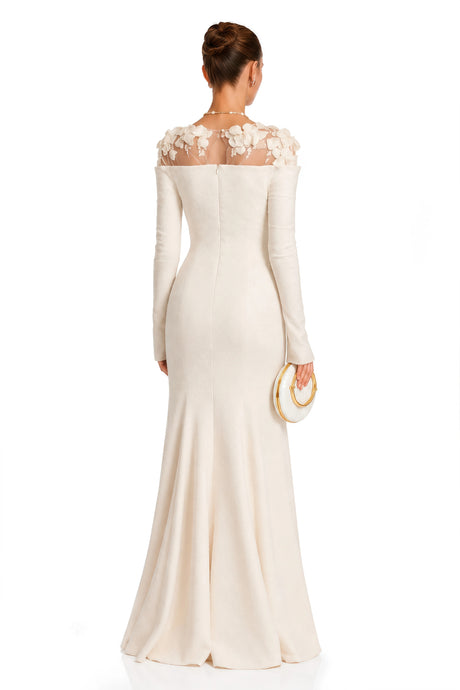 Vada White Floral Appliqué Off-Shoulder Gown