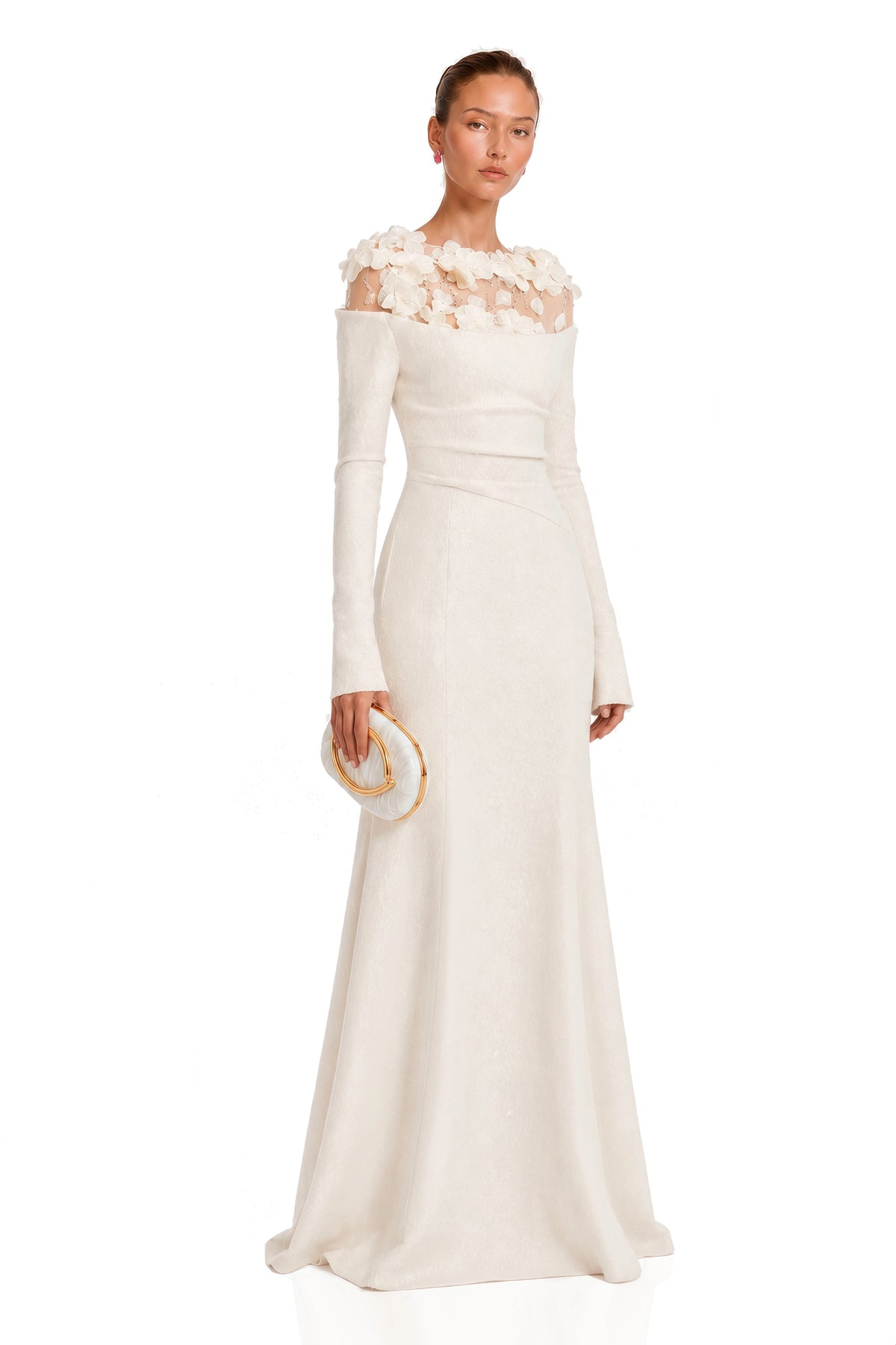 Silvia White Floral Appliqué OffShoulder Gown