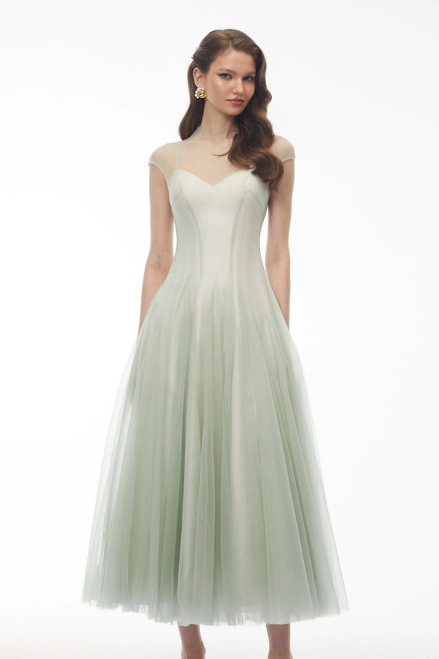 Simin Green SemiSheer Tulle Maxi Dress