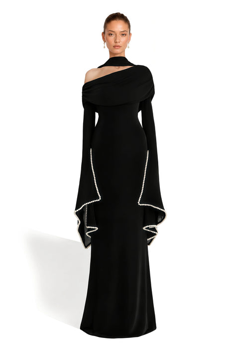 Rosaura Black One Shoulder Pearl Trim Maxi Gown