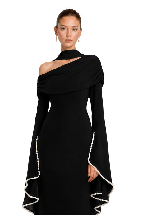 Rosaura Black One Shoulder Pearl Trim Maxi Gown
