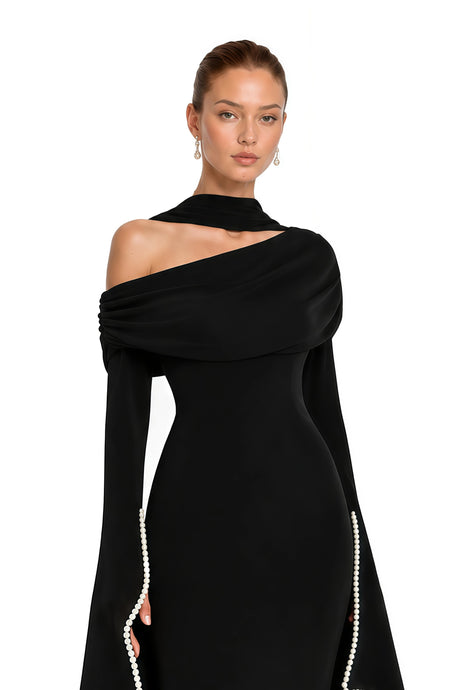 Rosaura Black One Shoulder Pearl Trim Maxi Gown