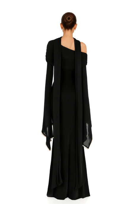 Rosaura Black One Shoulder Pearl Trim Maxi Gown